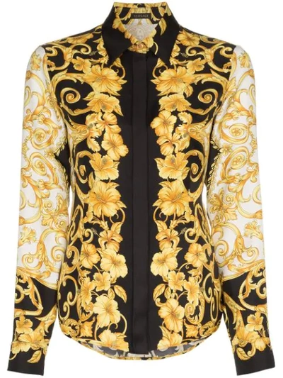 Versace Hibiscus Print Silk Shirt In Multicolor