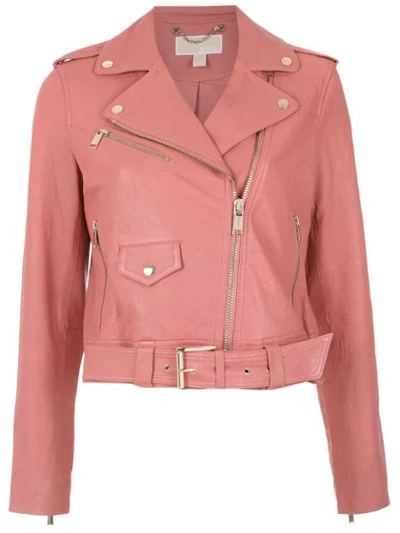 Michael Michael Kors Crinkled Leather Biker Jacket In Pink