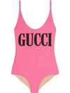 Gucci Logo Print Cross-over Strap Swimsuit In Pink