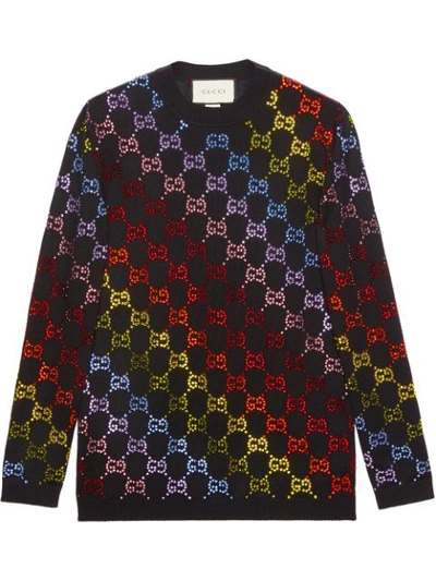 Gucci Wool Sweater With Gg Rhinestone Motif In Black