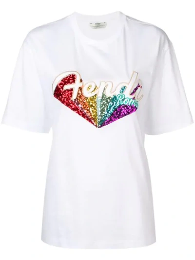 Fendi Rainbow Logo Sequin T-shirt In White