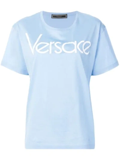 Versace Logo Embroidered Cotton Jersey T-shirt In Light Blue