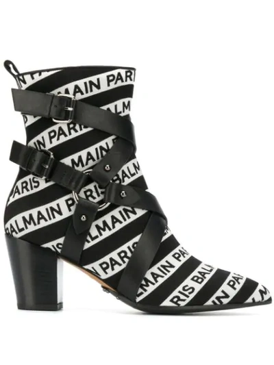 Balmain Jilly Stripe Logo Ankle Boots In Black/white