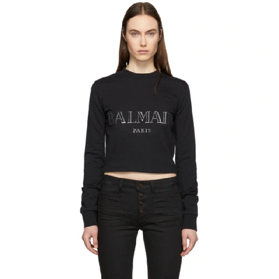 Balmain Cropped Appliquéd Cotton-jersey Sweatshirt In Black