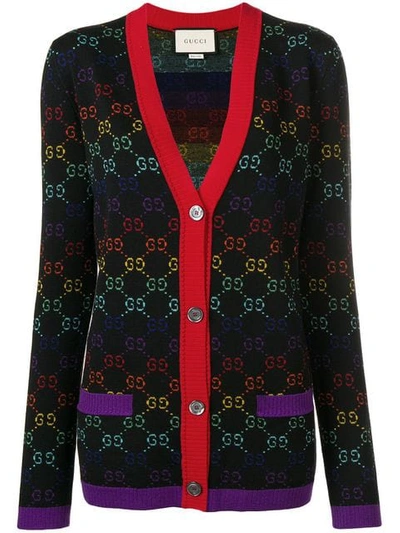 Gucci Logo Intarsia Wool Knit Cardigan In Black