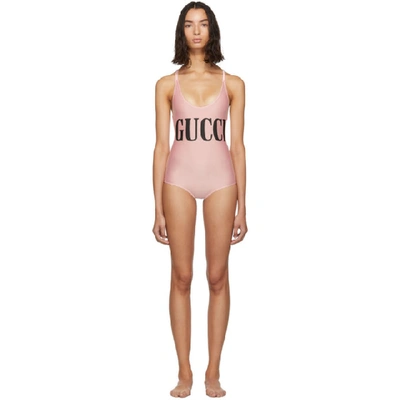 Gucci Logo Printed Swimsuit In Light Blue