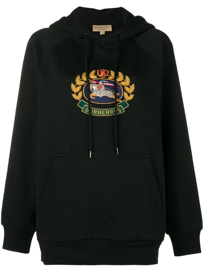 Burberry Hooded Embroidered Jersey Sweatshirt In Black