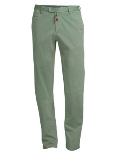 Isaia Solid Flat Front Trousers In Green