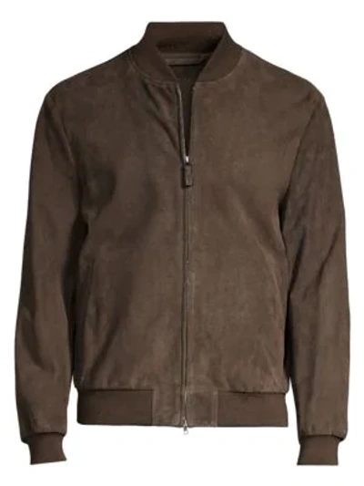 Brioni Perforated Leather Bomber Jacket In Olive Green