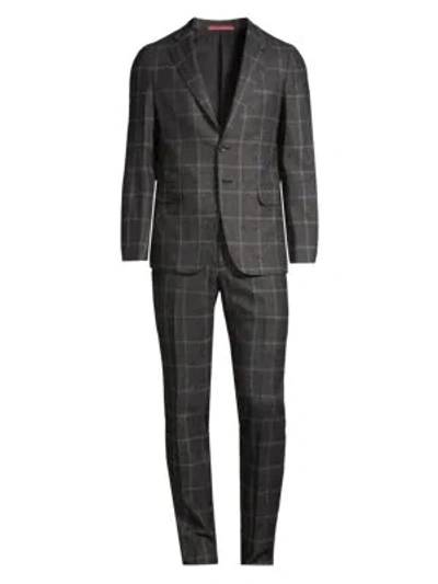 Isaia Men's Regular-fit Windowpane Two-button Wool-silk Suit In Grey