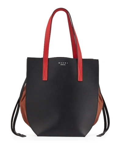 Marni Leather & Nylon Drawstring Tote Bag In Red/blue