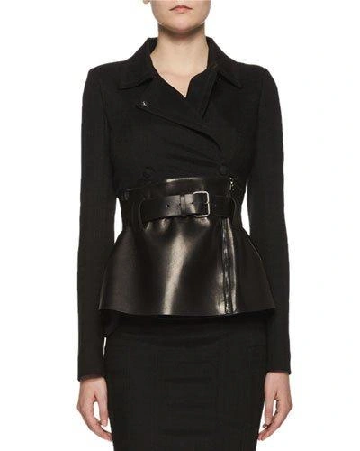Tom Ford Belted Leather Peplum Wrap Jacket In Black