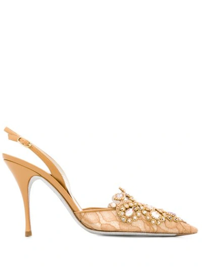 René Caovilla Jeweled Lace Mid-heel Pumps In Neutrals