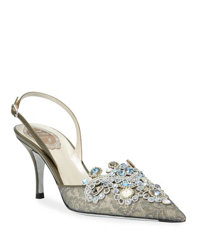 René Caovilla Jeweled Lace Mid-heel Pumps In Gray