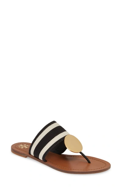 Tory Burch Women's Patos Stripe Disc Thong Sandals In Black White Stripe/ Royal Tan