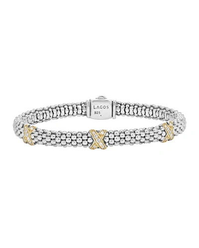 Lagos Sterling Silver & 18k Yellow Gold Caviar Diamond Station Rope Bracelet In White/gold