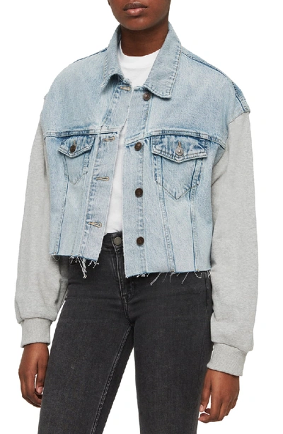 Allsaints Anders Mixed Media Cropped Jacket In Ice Blue