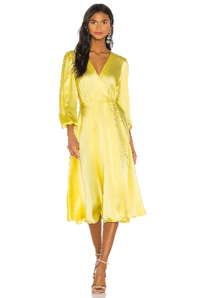 Nonchalant Wrap Silk Midi Dress In Yellow