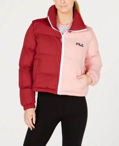 Fila Colorblocked Convertible Cropped Puffer Jacket In Tibetan Red/pink Shadow