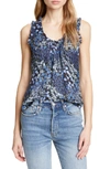 Rebecca Taylor Floral Shirred Silk Tank Top In Navy Combo