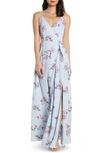 Wayf The Angelina Slit Wrap Gown In Dusty Blue Floral