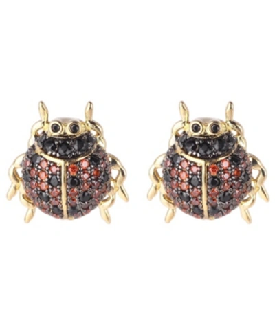 Noir Red/black Cubic Zirconia Ladybug Stud Earring In Gold