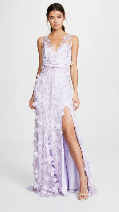 Marchesa Notte Pink Sleeveless Embroidered Gown In Lilac