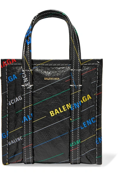 Balenciaga Multicolor All Over Logo Bazar Shopper Xxs Bag In Black