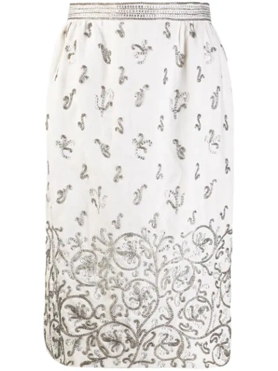 Pre-owned Valentino Bead Embroidered Straight Skirt In Neutrals