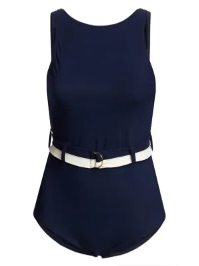 Karla Colletto Swim Katherine Boatneck Belted One-piece Swimsuit In Navy Cream