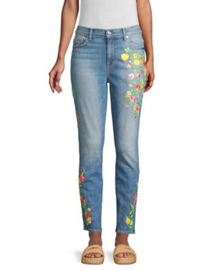 7 For All Mankind High-rise Embroidered Floral Skinny Ankle Jeans In Vintage Parker