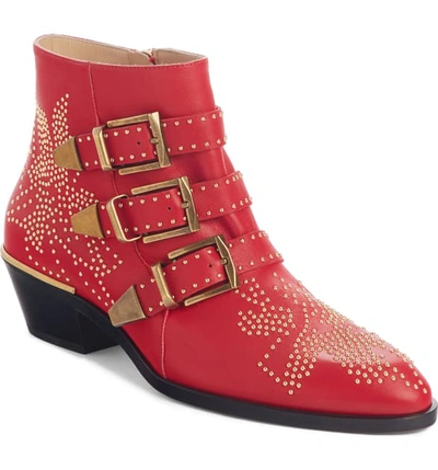 Chloé Susanna Stud Buckle Bootie In Tulip Red