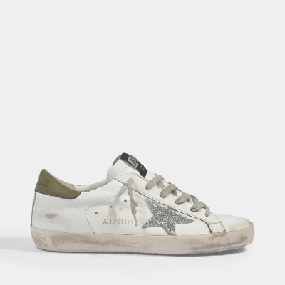 Golden Goose Superstar Sneakers In White And Green Leather With A Silver Star
