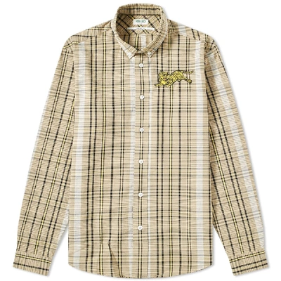Kenzo Jumping Tiger Check Button Down Shirt In Neutrals