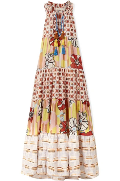 Anjuna Tiered Metallic-trimmed Printed Cotton-blend Voile Maxi Dress In Beige