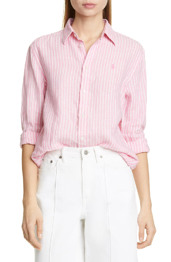 Polo Ralph Lauren Stripe Linen Shirt In Pink/ White | ModeSens