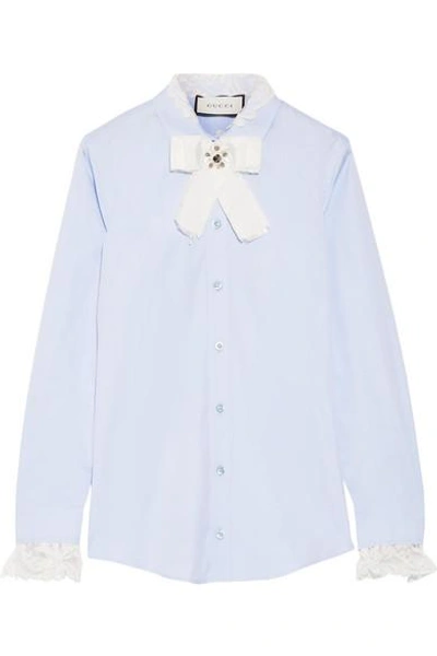 Gucci Bow-embellished Lace-trimmed Cotton-poplin Shirt In Sky Blue