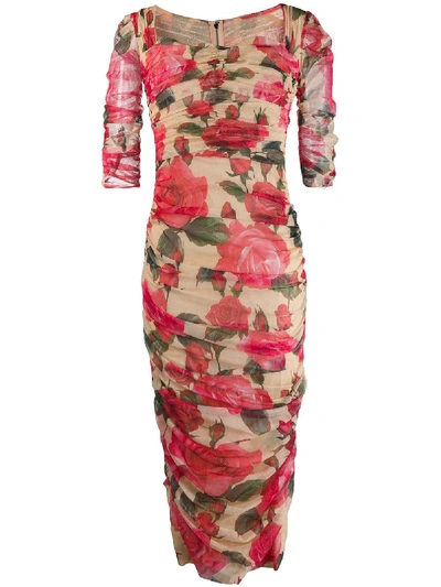 Dolce & Gabbana Rose Print Midi Dress - Neutrals