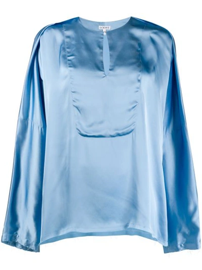 Loewe Frayed V-neck Satin Blouse In Blue