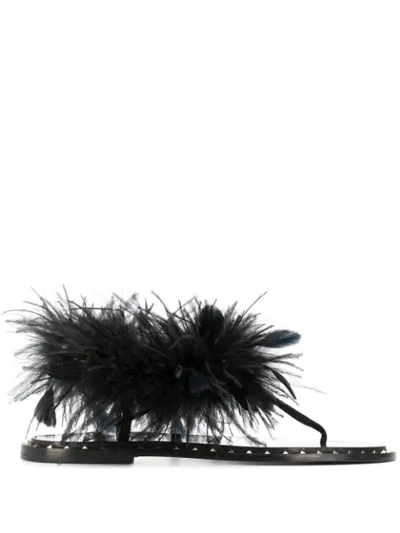 Valentino Garavani Feather-detail Flat Sandals In Black