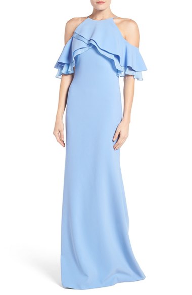 badgley mischka strapless ruffle scuba gown