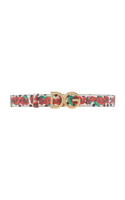 Dolce & Gabbana Floral-print Leather Logo Belt In Red