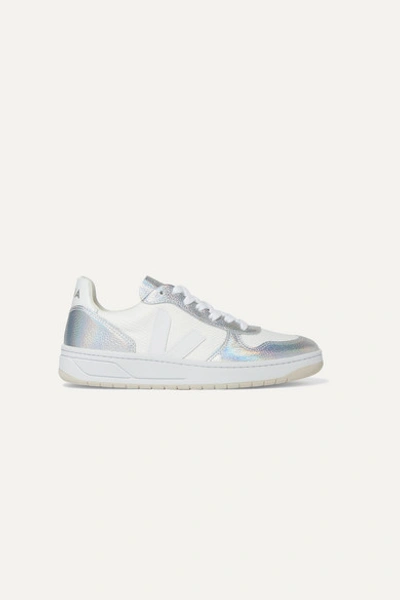 Veja Net Sustain V-10 Iridescent Metallic Leather And Canvas Sneakers In White