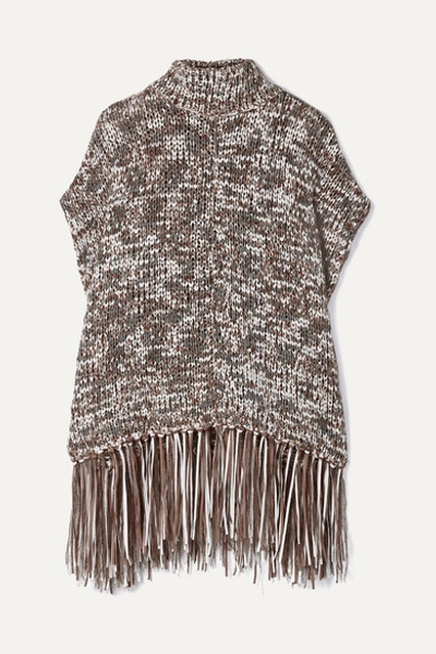 Brunello Cucinelli Fringed Sequined Chunky-knit Turtleneck Poncho In Desert