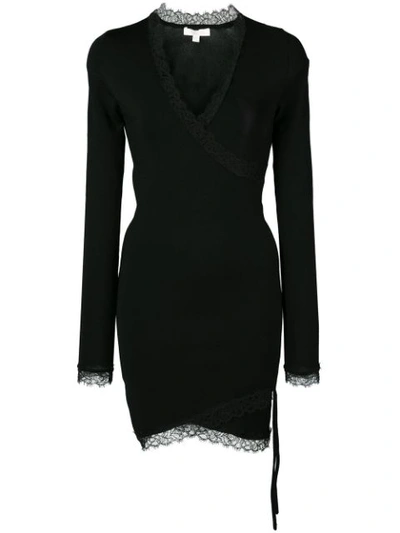 Jonathan Simkhai Long-sleeve Ruched Mini Dress With Lace-trim In Black