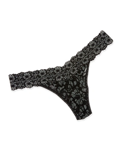 Hanky Panky Floral Cross-dyed Original-rise Lace Thong, One Size In Black/heather