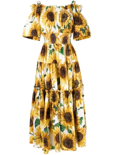 Dolce & Gabbana Off-the-shoulder Smocked Floral-print Cotton Maxi Dres In Yellow