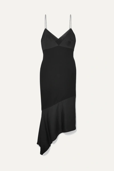 Victoria Beckham Asymmetric Satin-panelled Crepe Midi Dress In Black
