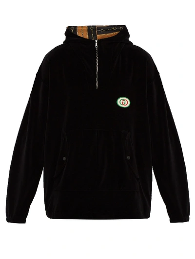 Gucci Logo-embroidered Velvet Hooded Sweatshirt In Black