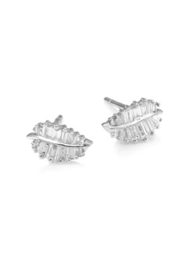 Anita Ko 18k White Gold & Baguette Diamond Small Palm Leaf Stud Earrings